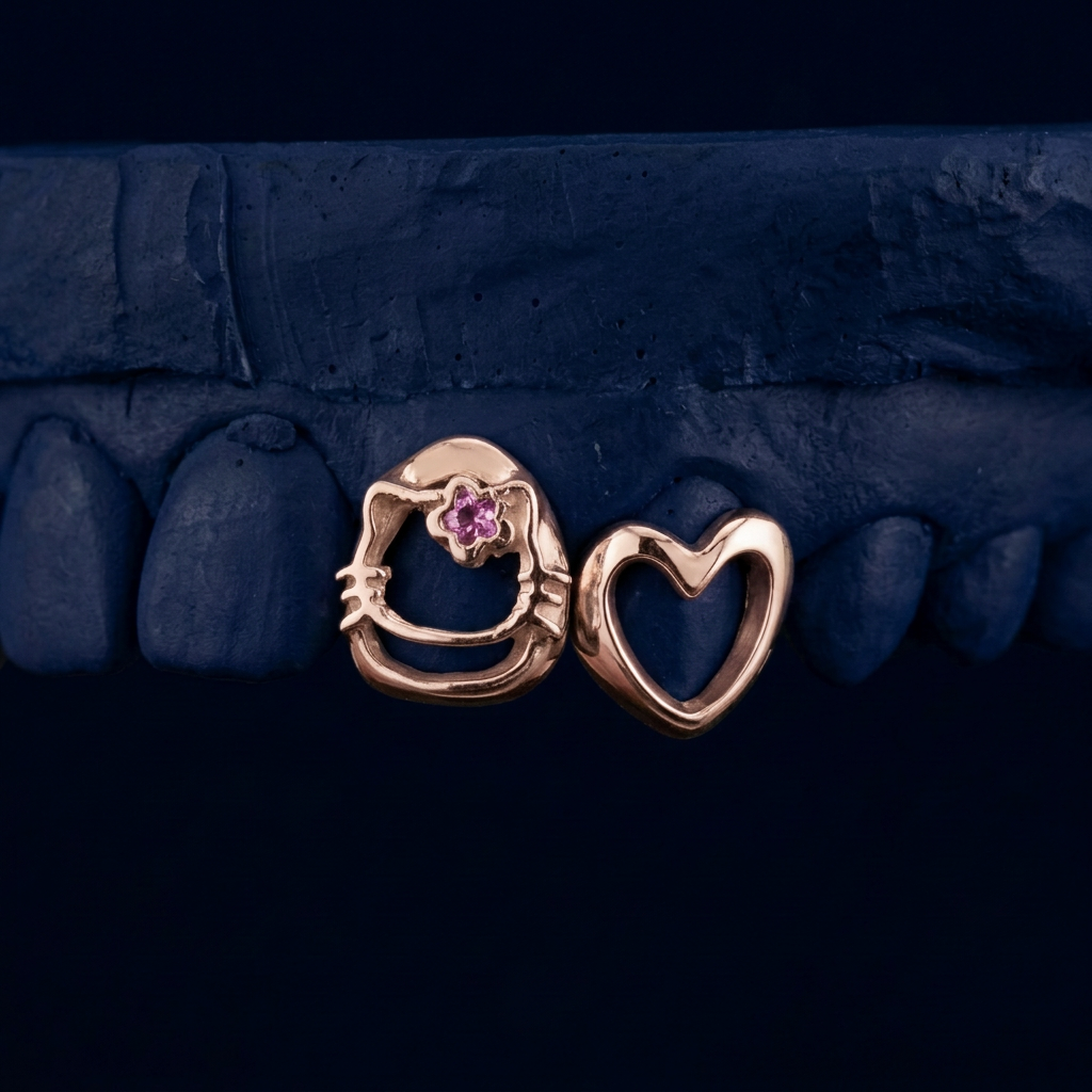 Kitty Kiss - Gold Kitty & Heart Two Teeth Grillz - rose gold - custom fit grillz handmade by Icestein Jewelers