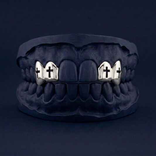Holy Ice - Silver Four Teeth Cross Grillz - silver - custom fit grillz handmade by Icestein Jewelers