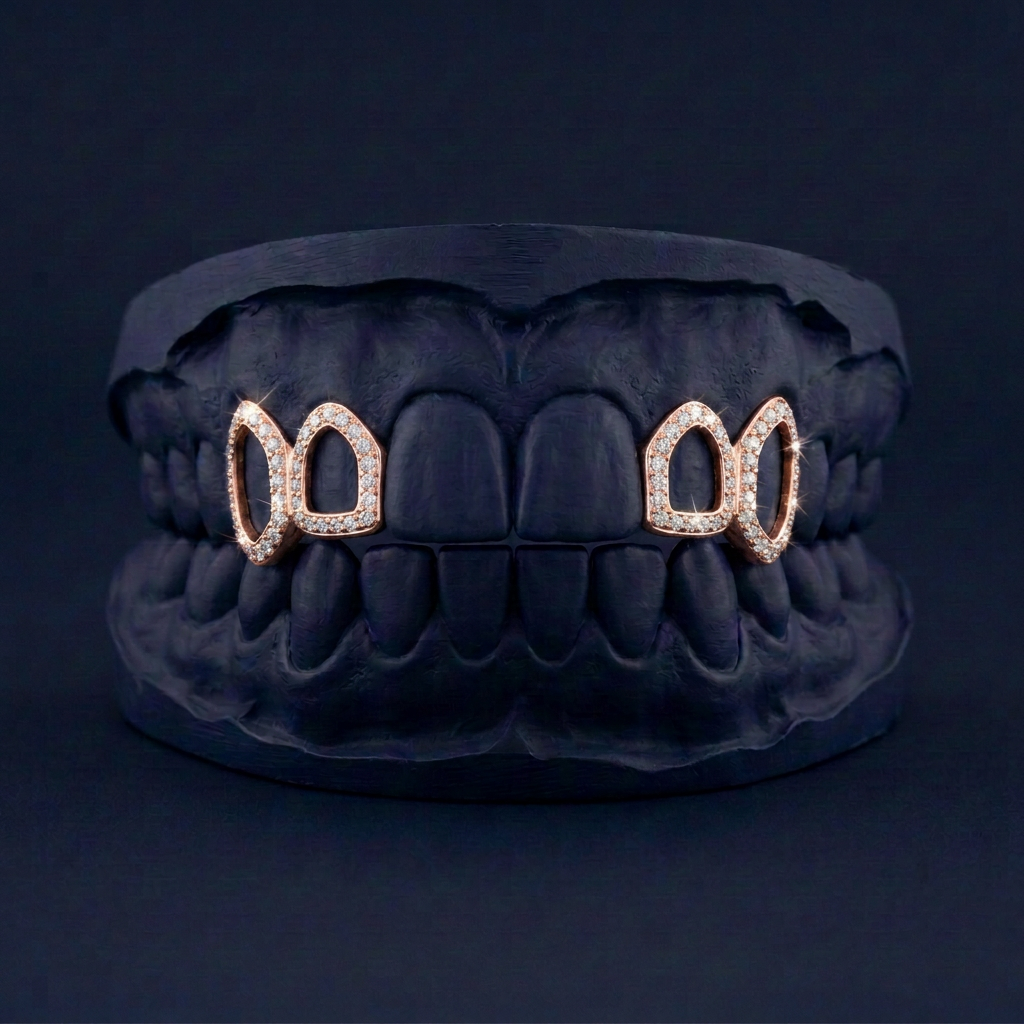 Frozen Frame - Silver Iced Out Open Face Grillz - rose gold plated - custom fit grillz handmade by Icestein Jewelers