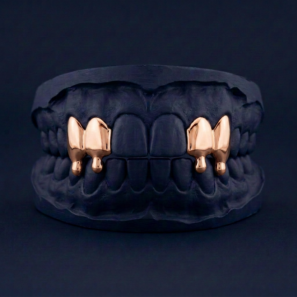 Meltdown Four - Silver Four Teeth Drip Grillz - rose gold plated - custom fit grillz handmade by Icestein Jewelers