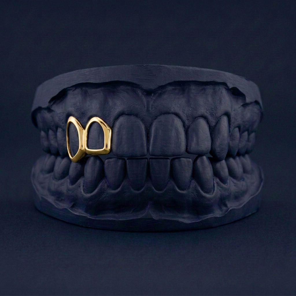 Silver Open Face Two Teeth - gold plated - custom fit grillz handmade by Icestein Jewelers