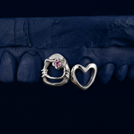 Kitty Kiss - Silver Kitty & Heart Two Teeth Grillz - silver, Hello Kitty face and heart cut-outs - custom fit grillz handmade by Icestein Jewelers