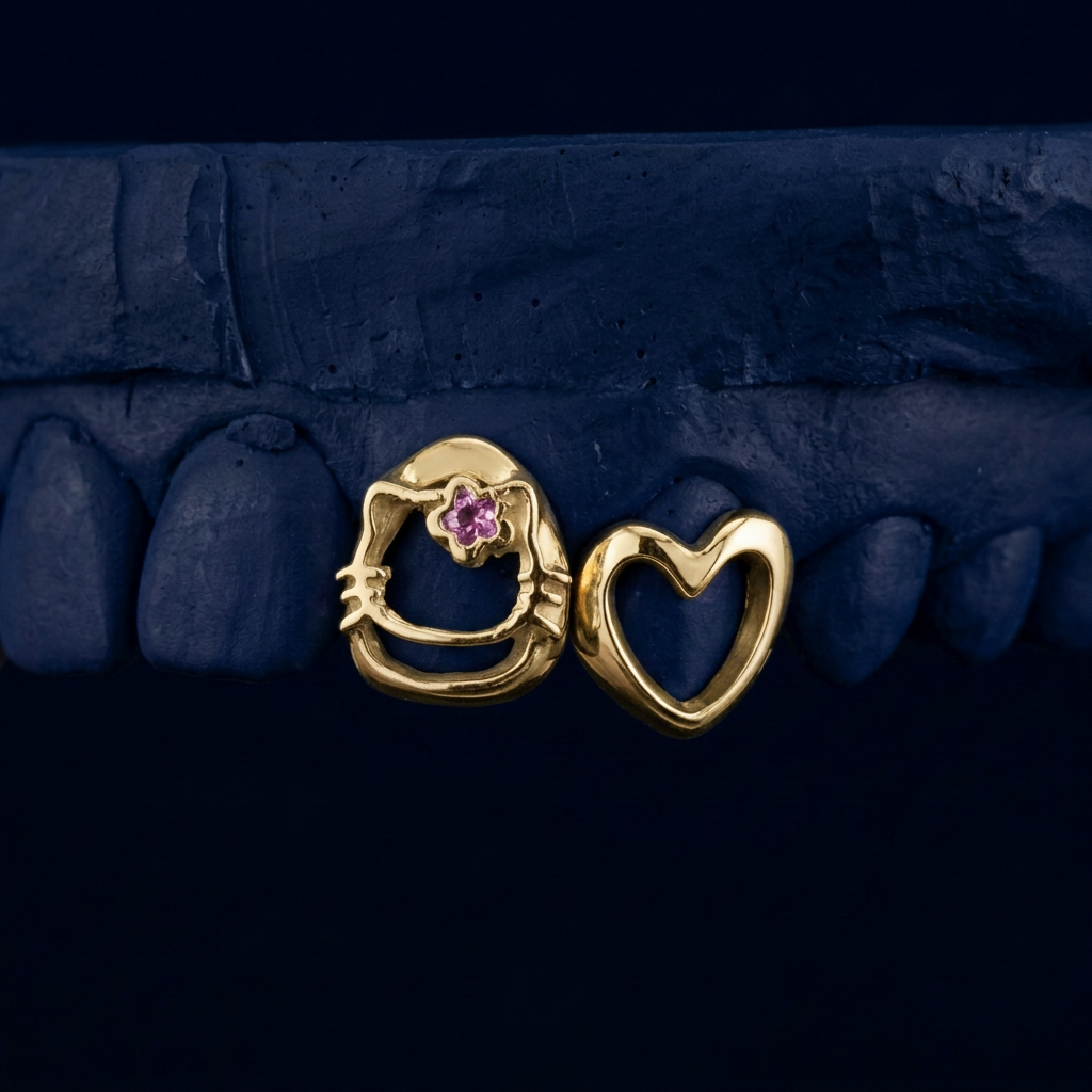 Kitty Kiss - Silver Kitty & Heart Two Teeth Grillz - gold plated - custom fit grillz handmade by Icestein Jewelers