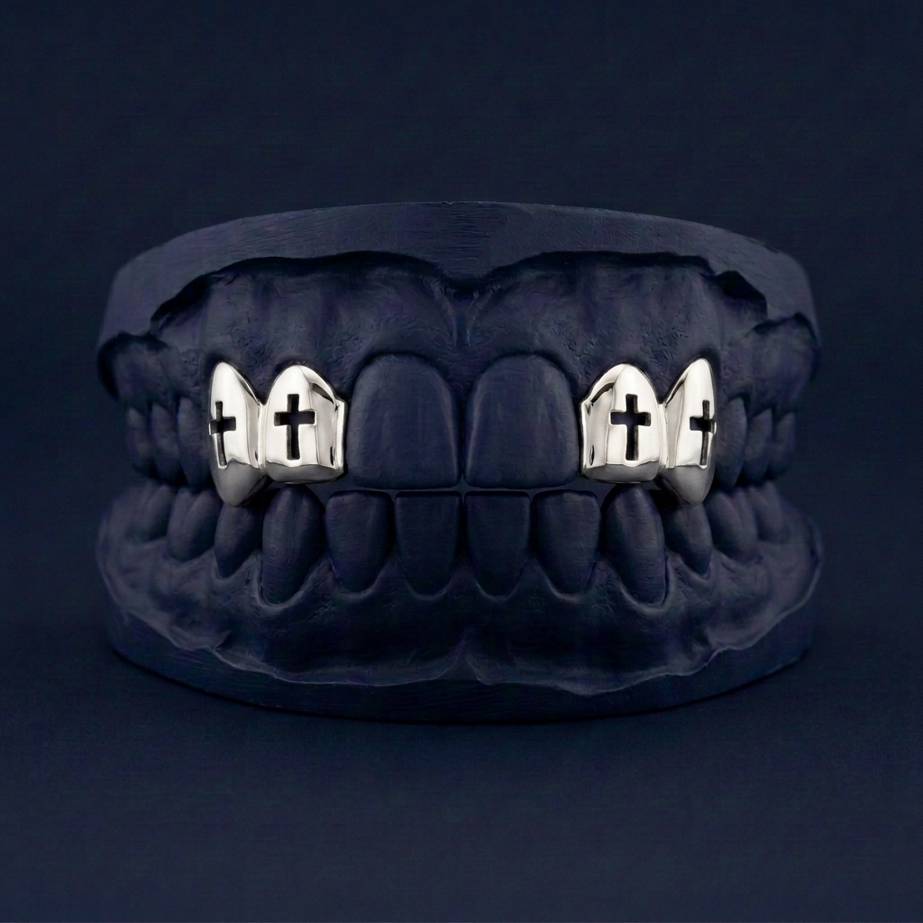 Holy Ice - Silver Four Teeth Cross Grillz - silver - custom fit grillz handmade by Icestein Jewelers