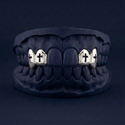 Holy Ice - Silver Four Teeth Cross Grillz - silver - custom fit grillz handmade by Icestein Jewelers
