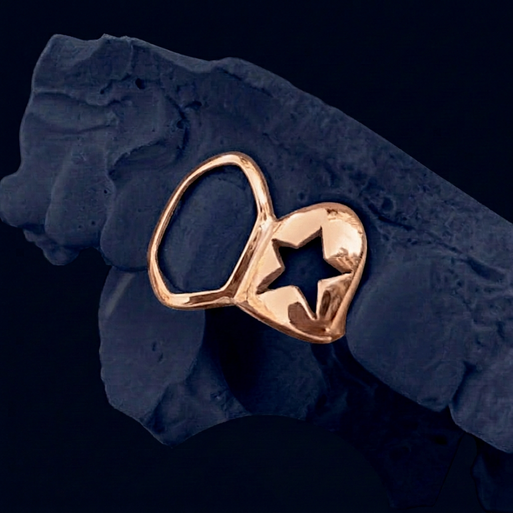 Silver Two Teeth Star Cut Out - rose gold plated, open face fang - custom fit grillz handmade by Icestein Jewelers