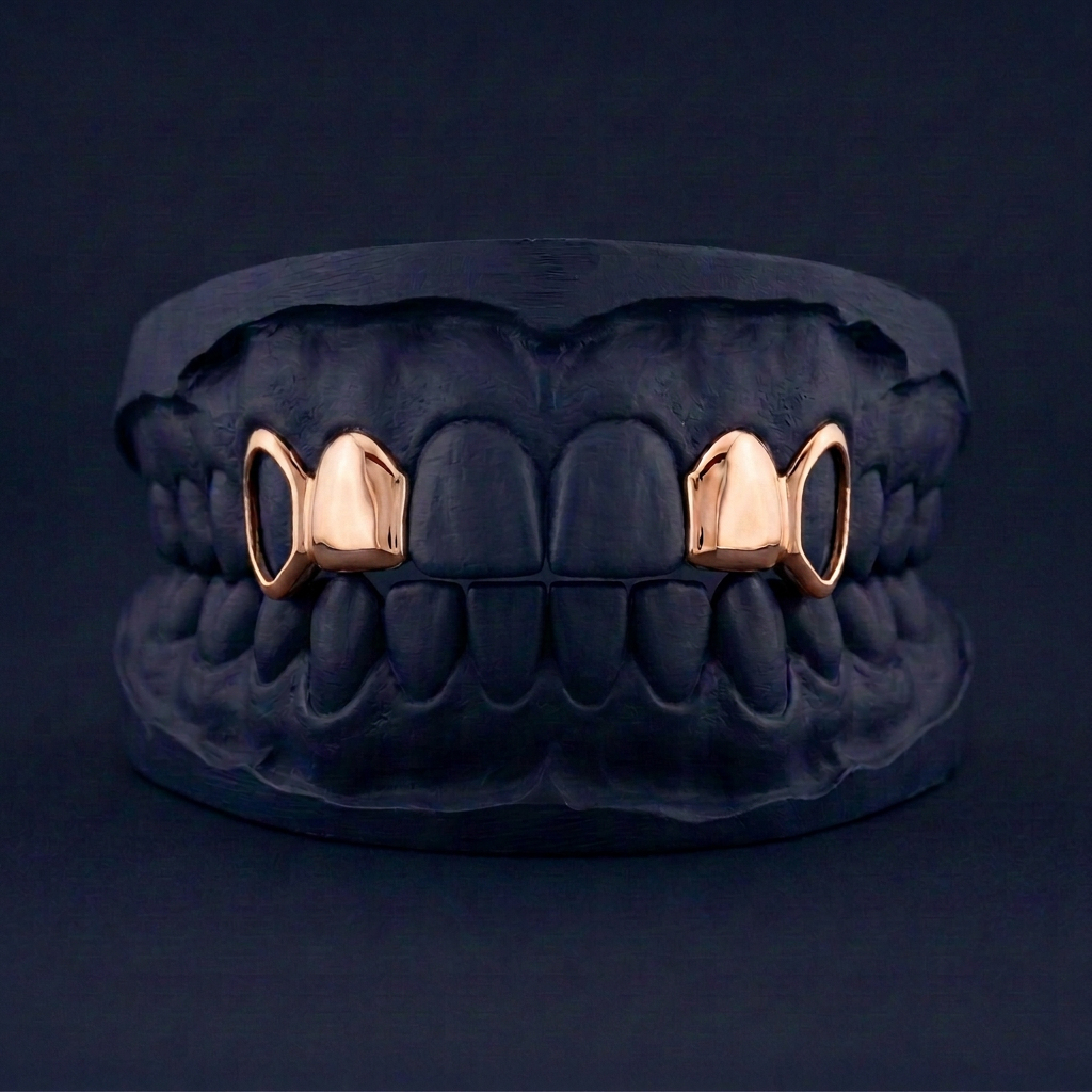 Split Level - Gold Four Teeth Open Face Grillz