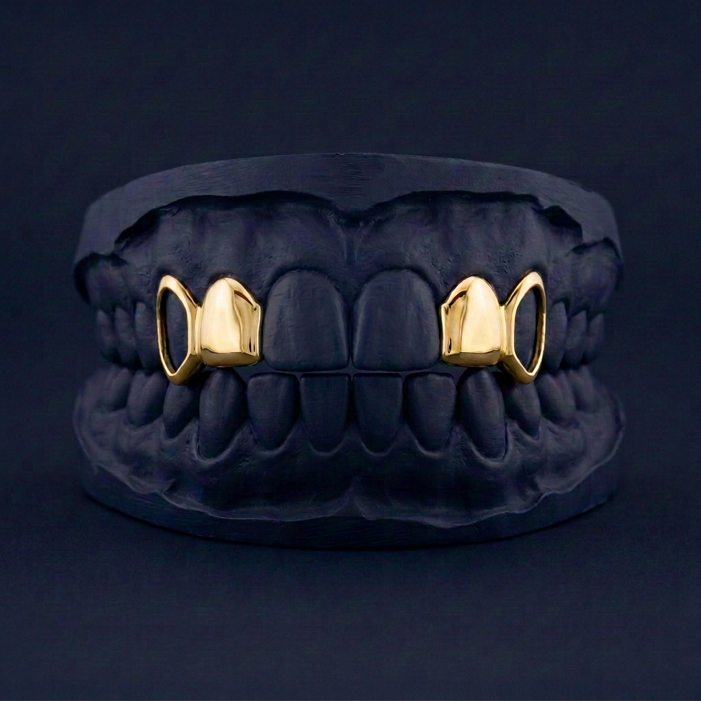 Split Level - Gold Four Teeth Open Face Grillz - yellow gold - custom fit grillz handmade by Icestein Jewelers