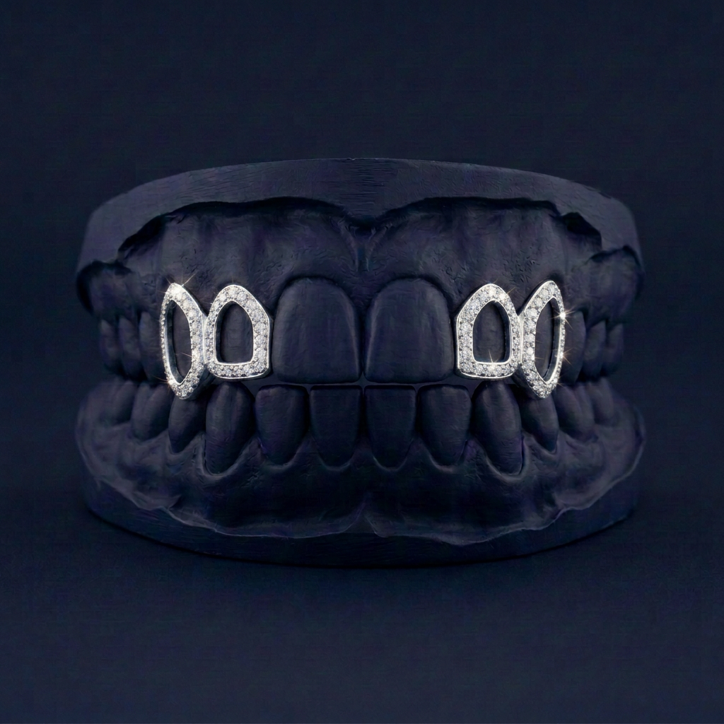 Silver Four Teeth Open Face Iced
