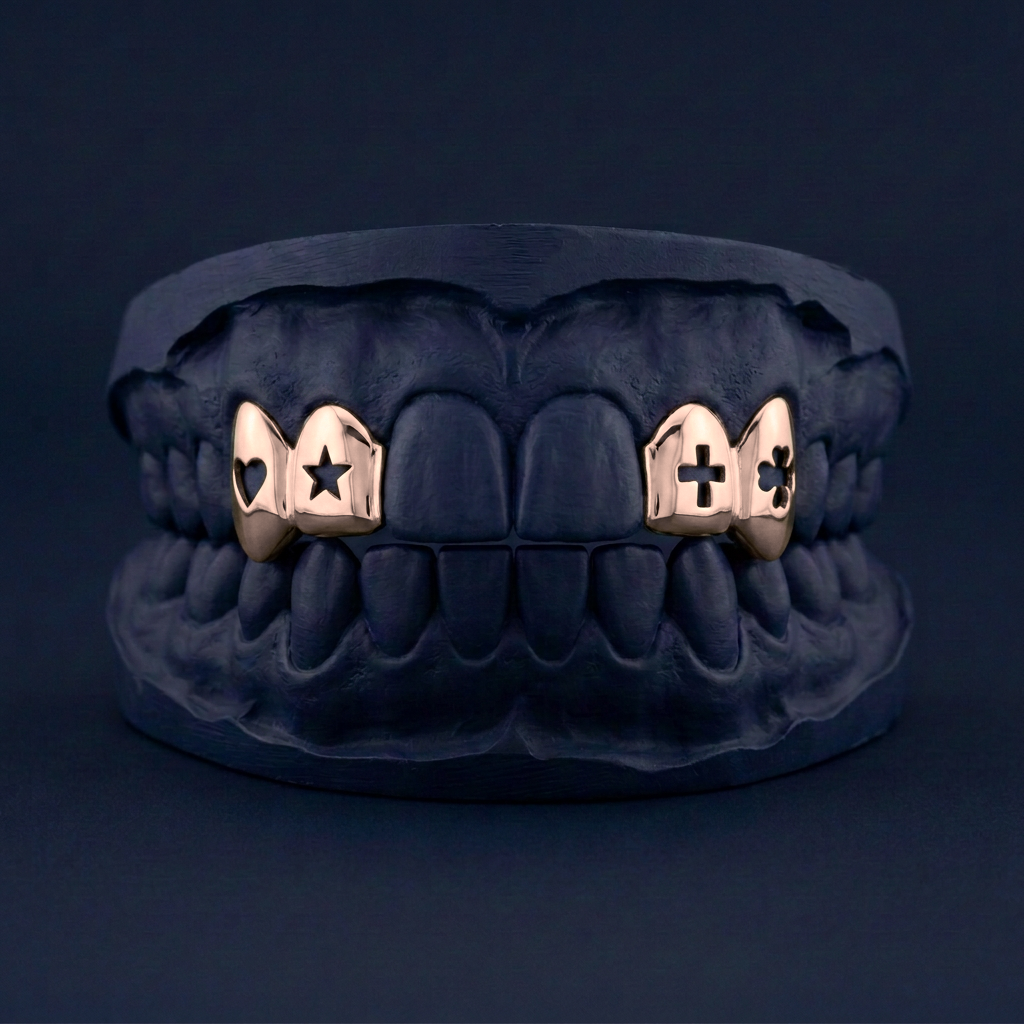 Wild Card - Silver Four Teeth Cut Out Grillz - rose gold plated - custom fit grillz handmade by Icestein Jewelers